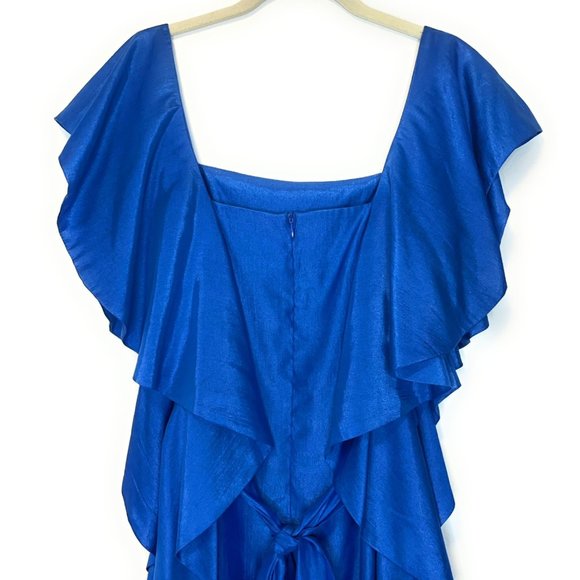 Stunning Blue Square-Neck Ruffle Party Dress with Beaded Belt - Picture 6 of 7